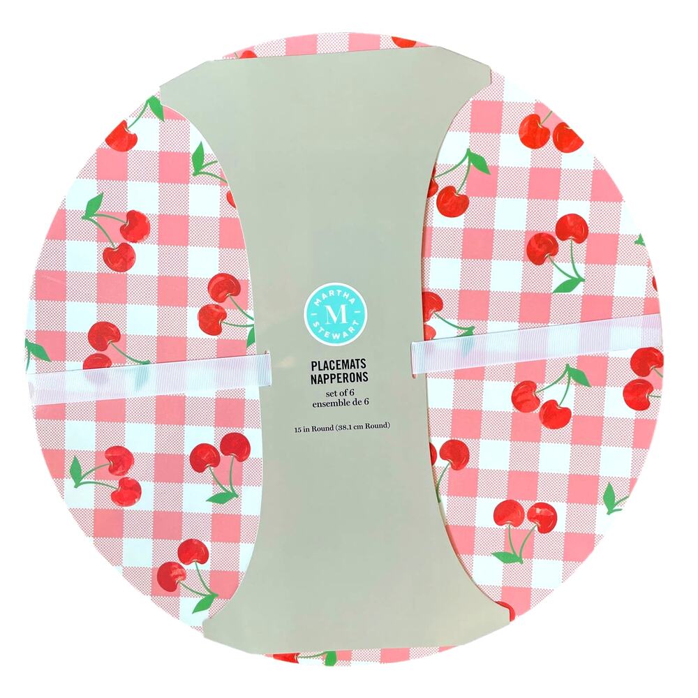 Set of 6 MARTHA STEWART Summer Red Cherries 15" Round Easy Care Placemats NEW